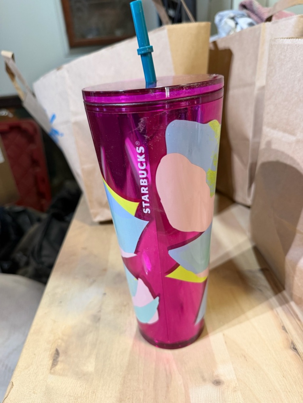Starbucks  Pink Tumbler with Teal Straw and Pastel Floral Accents